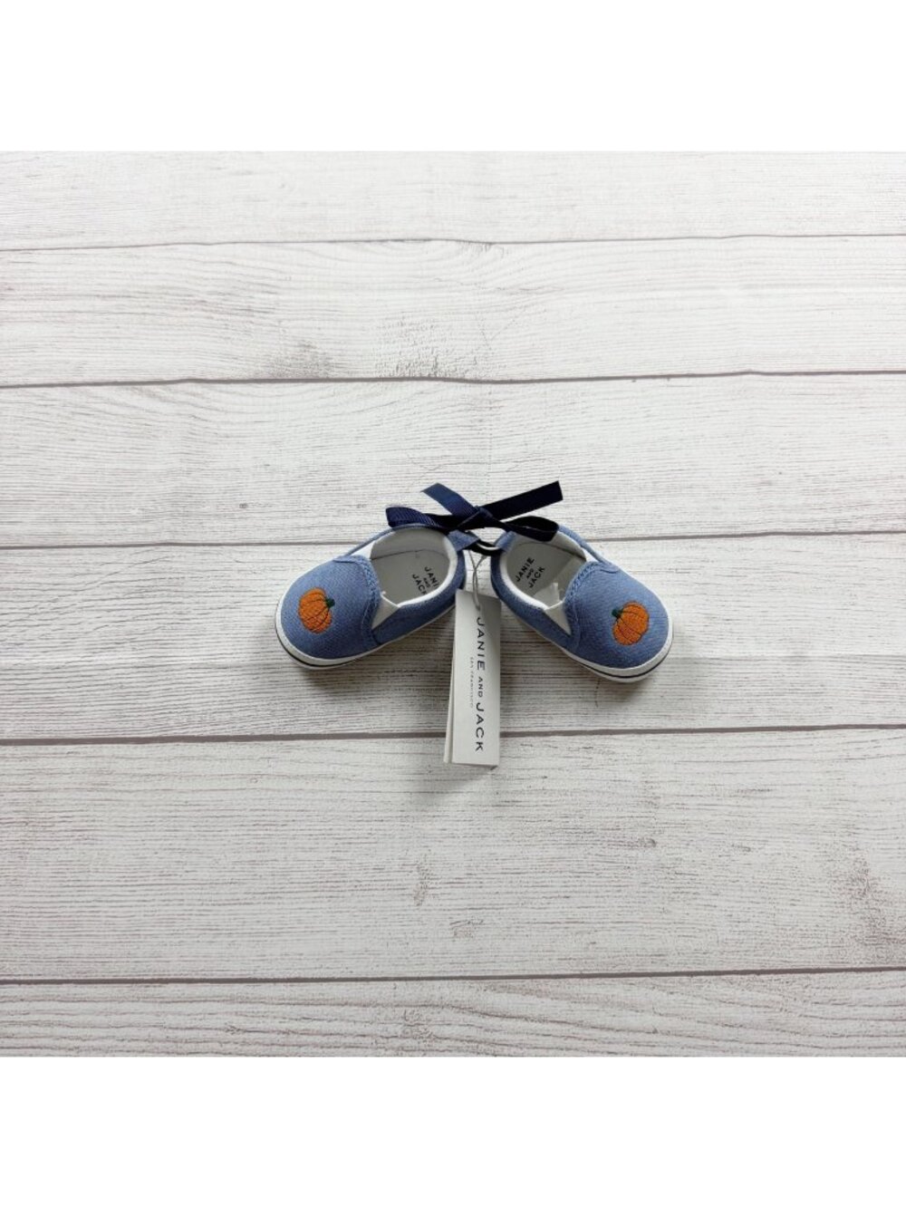 Janie And Jack Pumpkin Embroidered Blue Slip On Baby Shoes NWT 0-3 Months